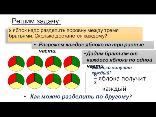 Решим задачу: 8 яблок надо разделить поровну между тремя братьями. Сколько