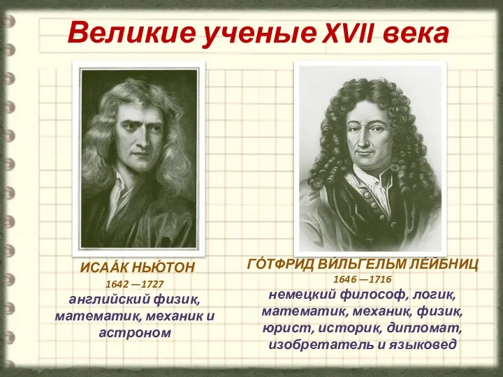 ИСАА́К НЬЮ́ТОН 1642 —1727 английский физик, математик, механик и астроном Великие