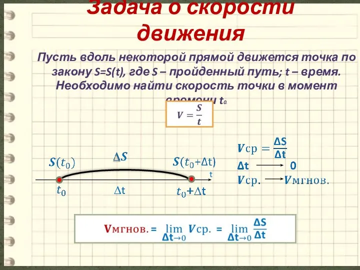 ∆t t Пусть вдоль некоторой прямой движется точка по закону S=S(t),