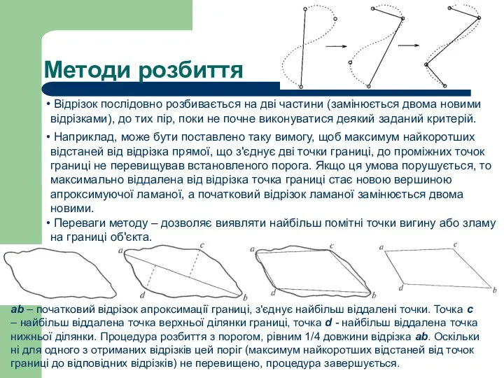 Методи розбиття Відрізок послідовно розбивається на дві частини (замінюється двома новими