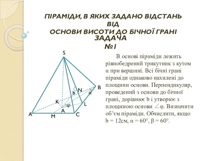 В основі піраміди лежить рівнобедрений трикутник з кутом α при вершині.