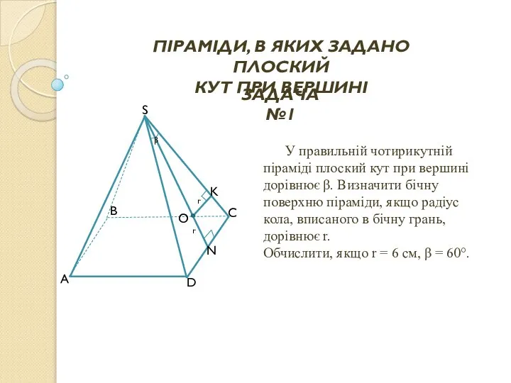 У правильній чотирикутній піраміді плоский кут при вершині дорівнює β. Визначити