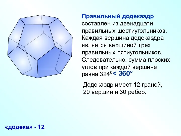 Правильный додекаэдр составлен из двенадцати правильных шестиугольников. Каждая вершина додекаэдра является