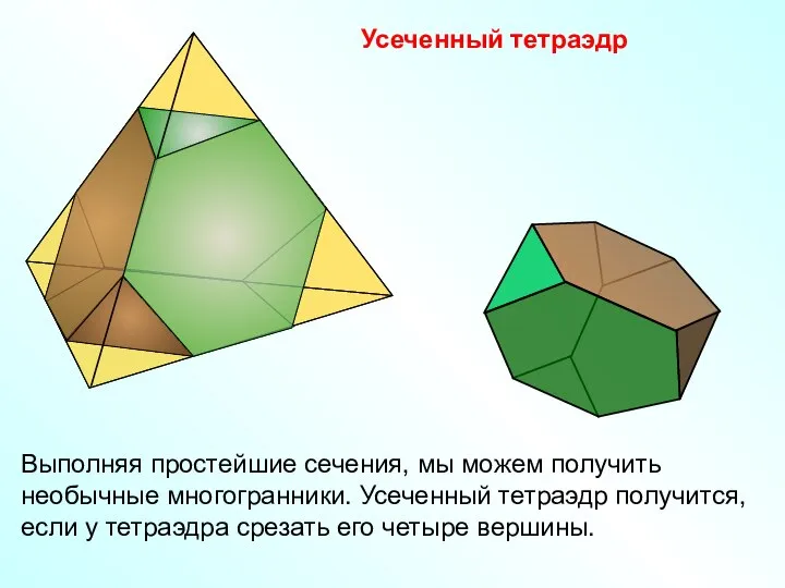 Усеченный тетраэдр Выполняя простейшие сечения, мы можем получить необычные многогранники. Усеченный
