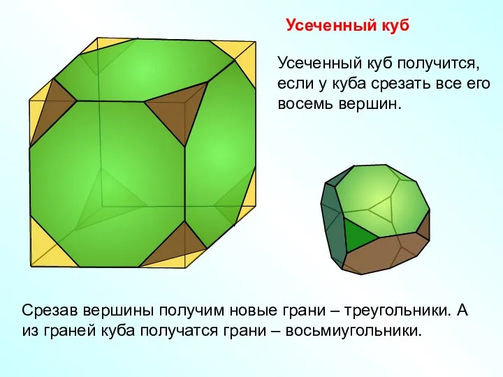Усеченный куб Срезав вершины получим новые грани – треугольники. А из