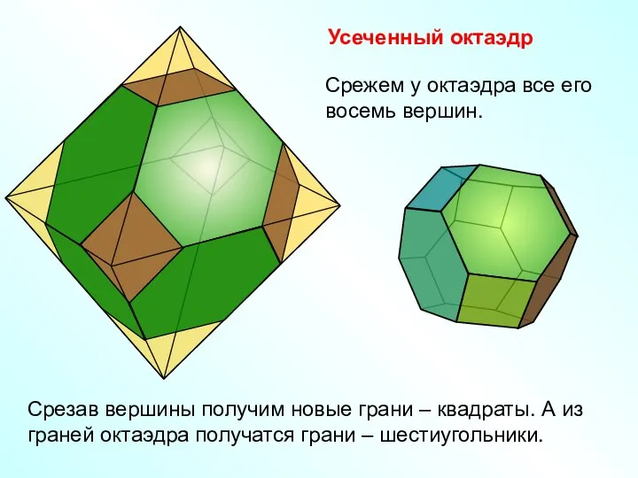 Усеченный октаэдр Срежем у октаэдра все его восемь вершин. Срезав вершины