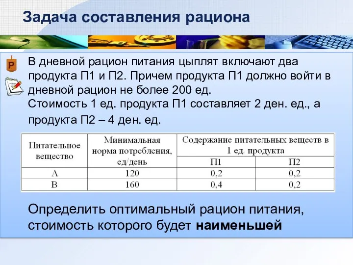 В дневной рацион питания цыплят включают два продукта П1 и П2.