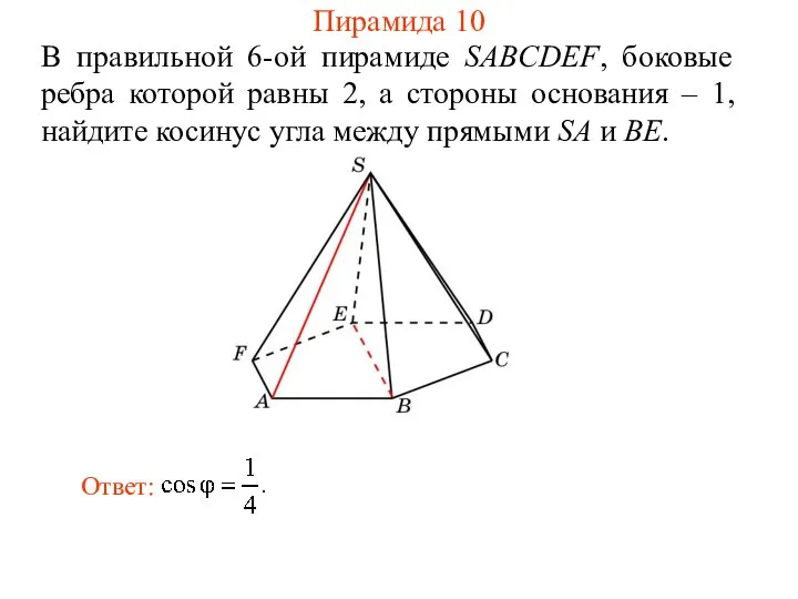 В правильной 6-ой пирамиде SABCDEF, боковые ребра которой равны 2, а