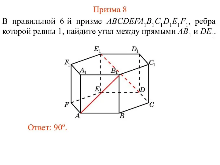 В правильной 6-й призме ABCDEFA1B1C1D1E1F1, ребра которой равны 1, найдите угол