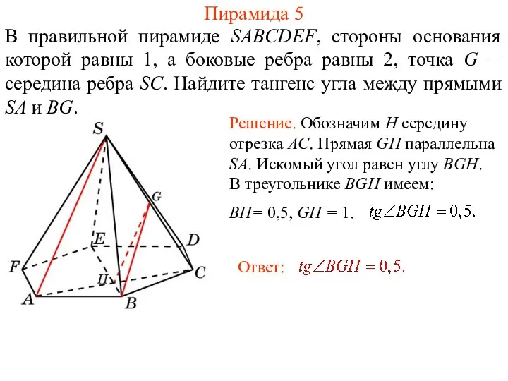 В правильной пирамиде SABCDEF, стороны основания которой равны 1, а боковые