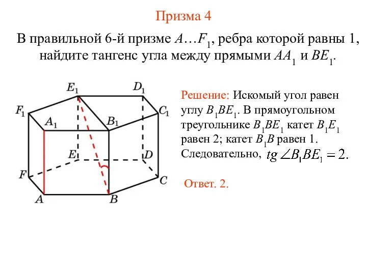 В правильной 6-й призме A…F1, ребра которой равны 1, найдите тангенс