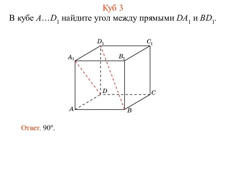 В кубе A…D1 найдите угол между прямыми DA1 и BD1. Ответ. 90о. Куб 3