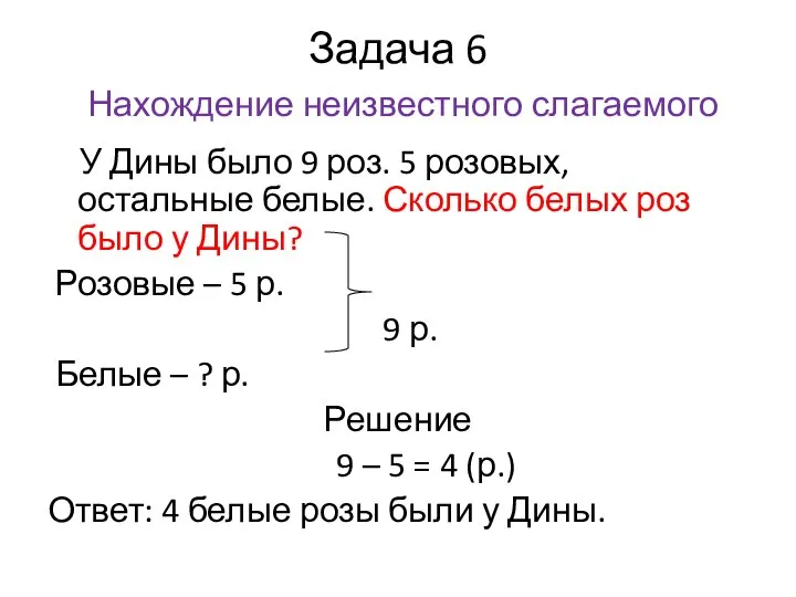 Задача 6 Нахождение неизвестного слагаемого У Дины было 9 роз. 5