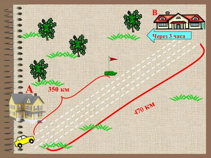 А В 470 км 350 км Через 3 часа