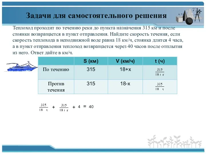 Задачи для самостоятельного решения Теплоход проходит по течению реки до пункта