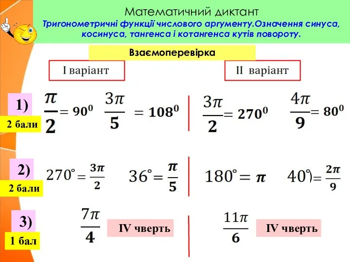 Математичний диктант Тригонометричні функції числового аргументу.Означення синуса, косинуса, тангенса і котангенса