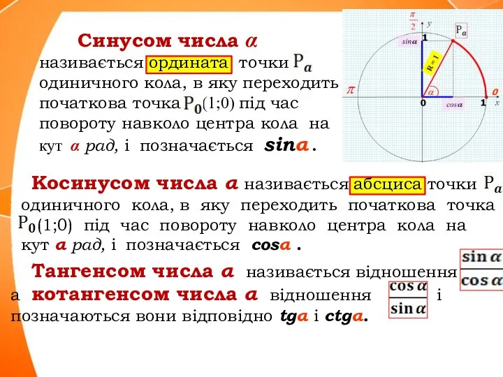 Косинусом числа α називається абсциса точки одиничного кола, в яку переходить