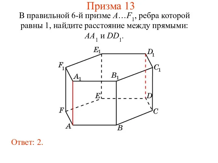 В правильной 6-й призме A…F1, ребра которой равны 1, найдите расстояние