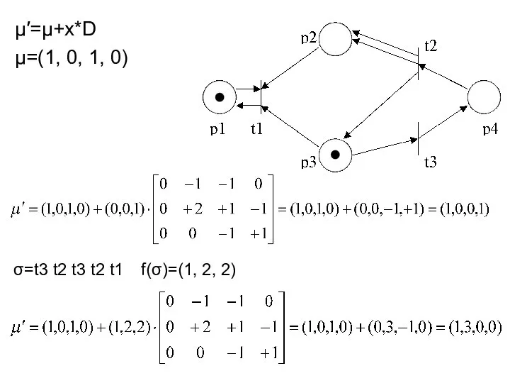 μ′=μ+х*D μ=(1, 0, 1, 0) σ=t3 t2 t3 t2 t1 f(σ)=(1, 2, 2)