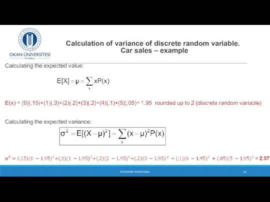 Calculation of variance of discrete random variable. Car sales – example DR SUSANNE HANSEN SARAL