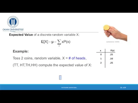 Expected Value of a discrete random variable X: Example: Toss 2