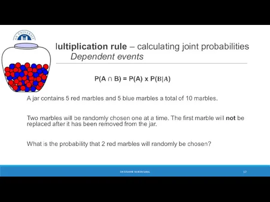 Multiplication rule – calculating joint probabilities Dependent events DR SUSANNE HANSEN SARAL