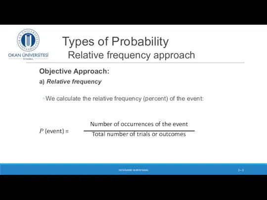 Types of Probability Relative frequency approach Objective Approach: a) Relative frequency