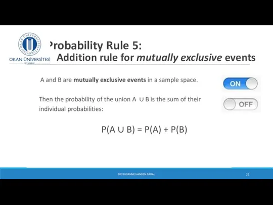 Probability Rule 5: Addition rule for mutually exclusive events DR SUSANNE HANSEN SARAL