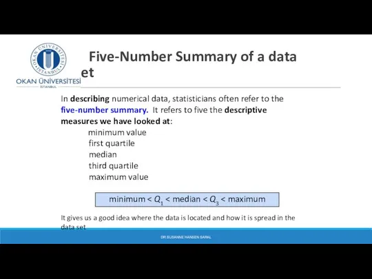 Five-Number Summary of a data set DR SUSANNE HANSEN SARAL In