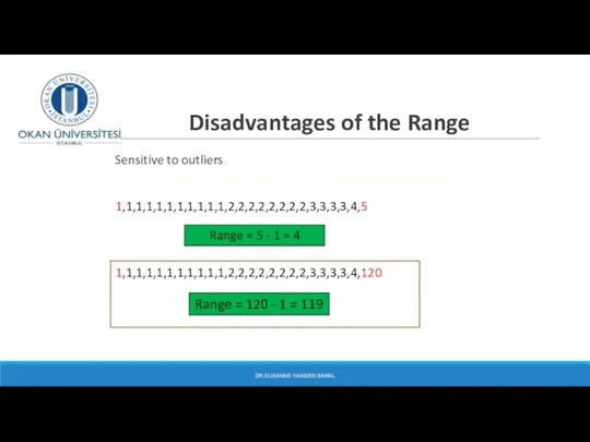 Disadvantages of the Range Sensitive to outliers DR SUSANNE HANSEN SARAL