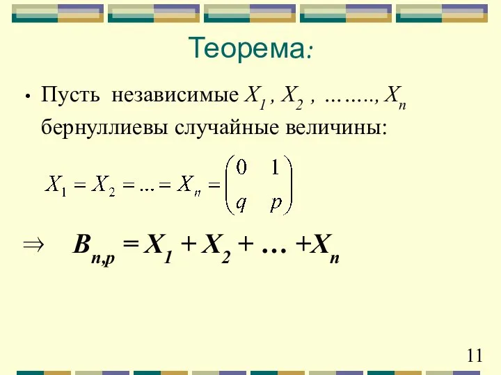 Пусть независимые X1 , X2 , …….., Xn бернуллиевы случайные величины: