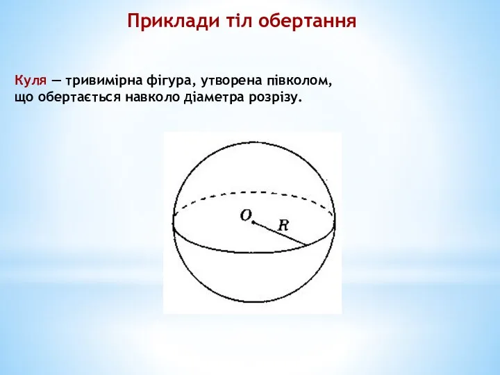 Приклади тіл обертання Куля — тривимірна фігура, утворена півколом, що обертається навколо діаметра розрізу.
