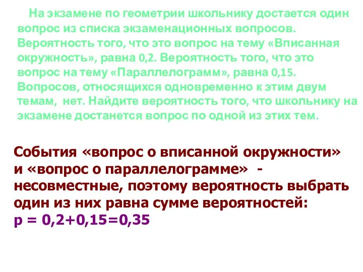 На экзамене по геометрии школьнику достается один вопрос из списка экзаменационных