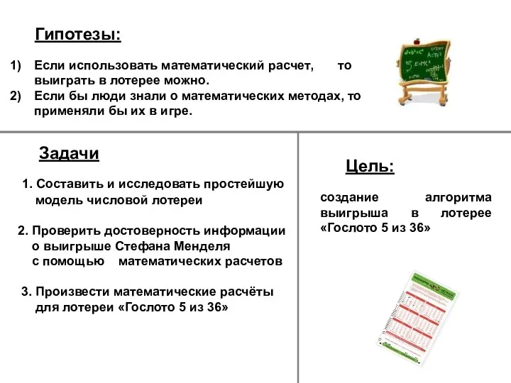 Гипотезы: создание алгоритма выигрыша в лотерее «Гослото 5 из 36» 1.