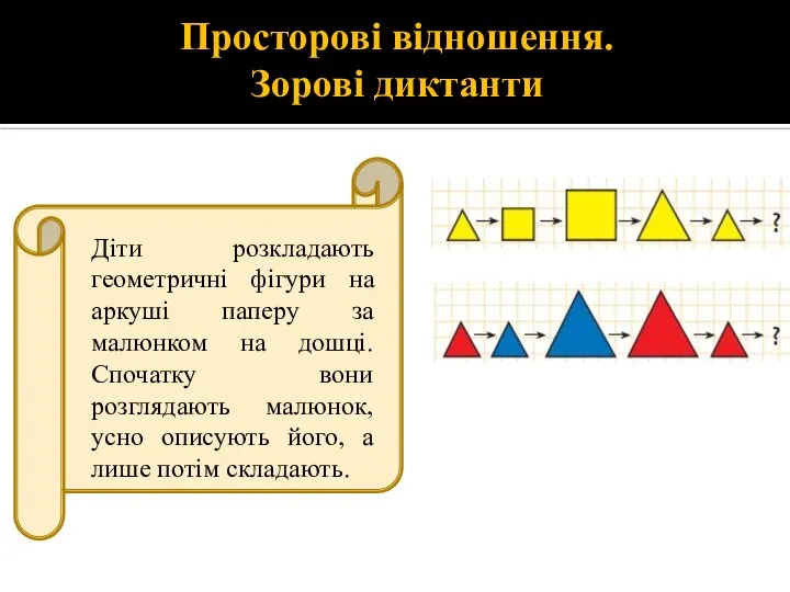 Просторові відношення. Зорові диктанти Діти розкладають геометричні фігури на аркуші паперу