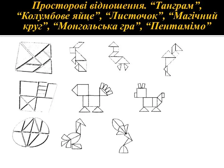 Просторові відношення. “Танграм”, “Колумбове яйце”, “Листочок”, “Магічний круг”, “Монгольська гра”, “Пентамімо”