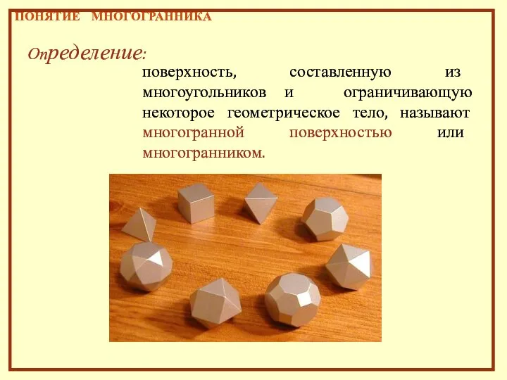 ПОНЯТИЕ МНОГОГРАННИКА поверхность, составленную из многоугольников и ограничивающую некоторое геометрическое тело,