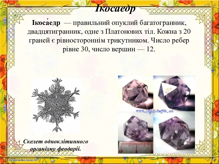 Ікосаедр Скелет одноклітинного організму феодаріі. Ікоса́едр — правильний опуклий багатогранник, двадцятигранник,