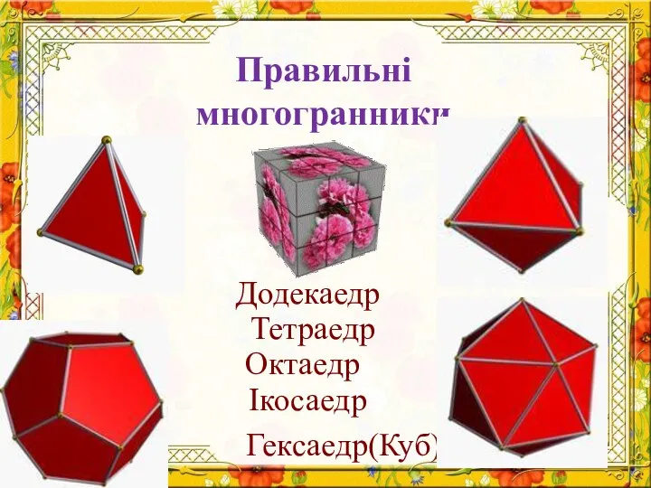 Правильні многогранники Тетраедр Гексаедр(Куб) Октаедр Ікосаедр Додекаедр