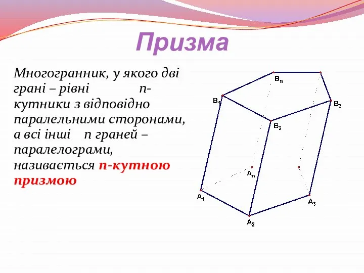 Призма Многогранник, у якого дві грані – рівні n-кутники з відповідно