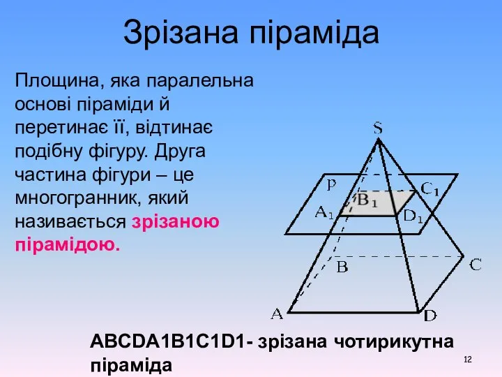 Зрізана піраміда Площина, яка паралельна основі піраміди й перетинає її, відтинає