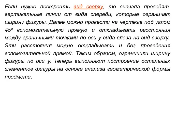 Если нужно построить вид сверху, то сначала проводят вертикальные линии от