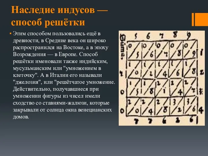 Наследие индусов — способ решётки Этим способом пользовались ещё в древности,