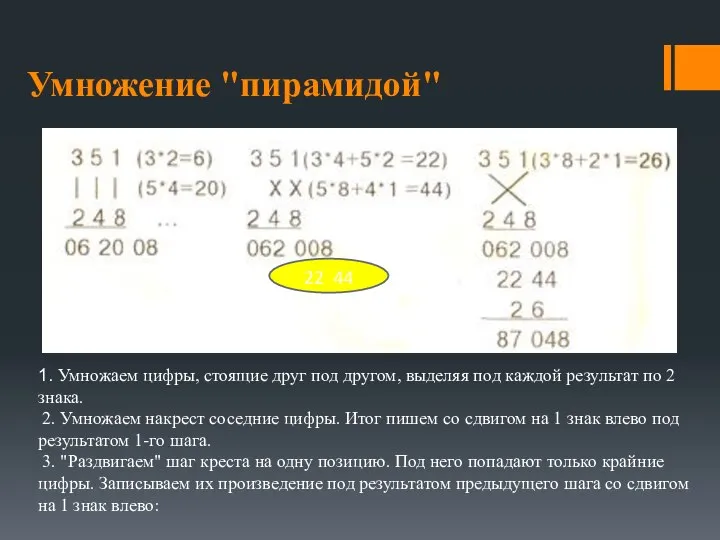 Умножение "пирамидой" 22 44 1. Умножаем цифры, стоящие друг под другом,