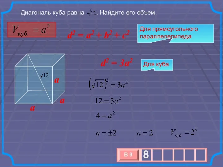 Диагональ куба равна . Найдите его объем. a a a