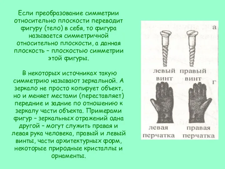 Если преобразование симметрии относительно плоскости переводит фигуру (тело) в себя, то