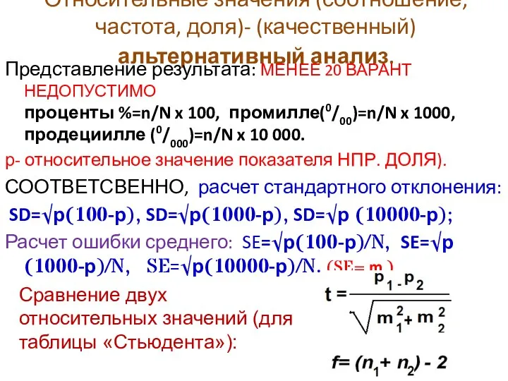 Относительные значения (соотношение, частота, доля)- (качественный) альтернативный анализ. Представление результата: МЕНЕЕ