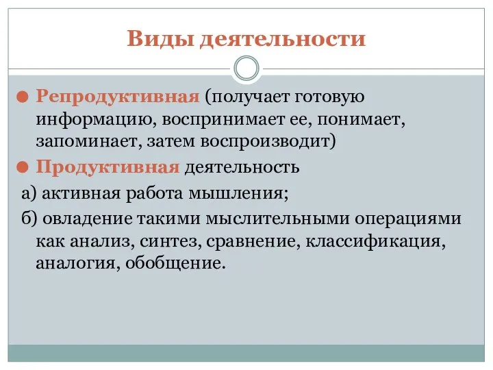 Виды деятельности Репродуктивная (получает готовую информацию, воспринимает ее, понимает, запоминает, затем