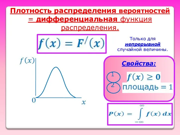 Плотность распределения вероятностей = дифференциальная функция распределения. Только для непрерывной случайной величины.