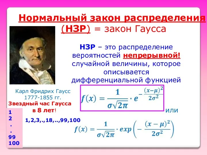 Нормальный закон распределения (НЗР) = закон Гаусса НЗР – это распределение